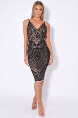 High Shine Luxe Black Nude Sequin Backless Midi Dress