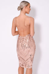 High Shine Luxe Rose Gold Sequin Backless Midi Dress