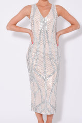 Iconic Luxe Silver Cage Sequin Bandage Illusion Midi Pencil Dress