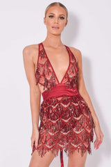 Holly Glam Berry Ombre Sequin Tassel Fringe Sheer Dress