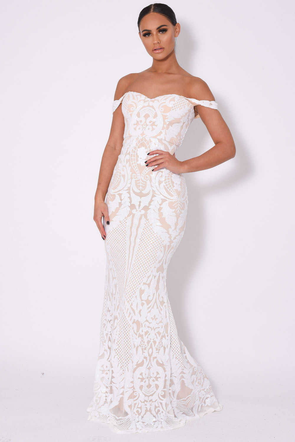 Layali White Nude Bardot Sweetheart Sequin Embellished Maxi Fishtail Dress