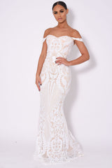 Layali White Nude Bardot Sweetheart Sequin Embellished Maxi Fishtail Dress