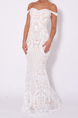 Layali White Nude Bardot Sweetheart Sequin Embellished Maxi Fishtail Dress