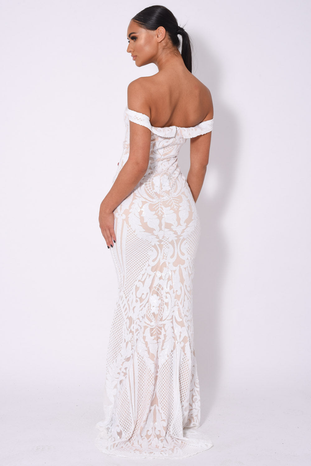 Layali White Nude Bardot Sweetheart Sequin Embellished Maxi Fishtail Dress