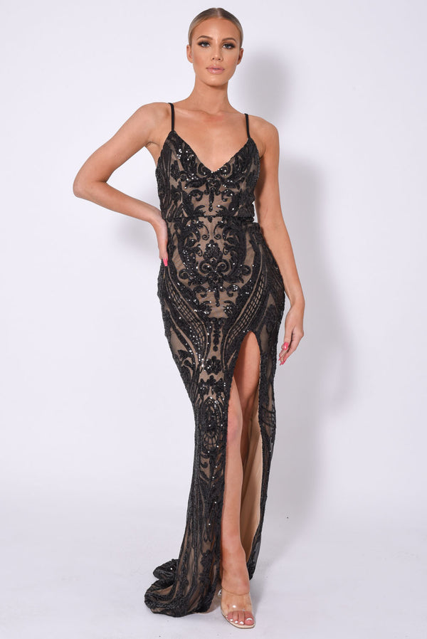 Outshine Vip Black Nude Sequin Illusion Slit Maxi Dress