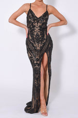 Outshine Vip Black Nude Sequin Illusion Slit Maxi Dress