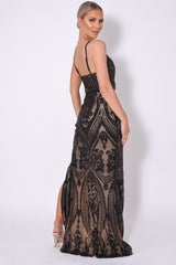 Outshine Vip Black Nude Sequin Illusion Slit Maxi Dress