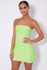 Tie Me Up Neon Green Bandeau Cage Sequin Bandage Illusion Lace Up Dress