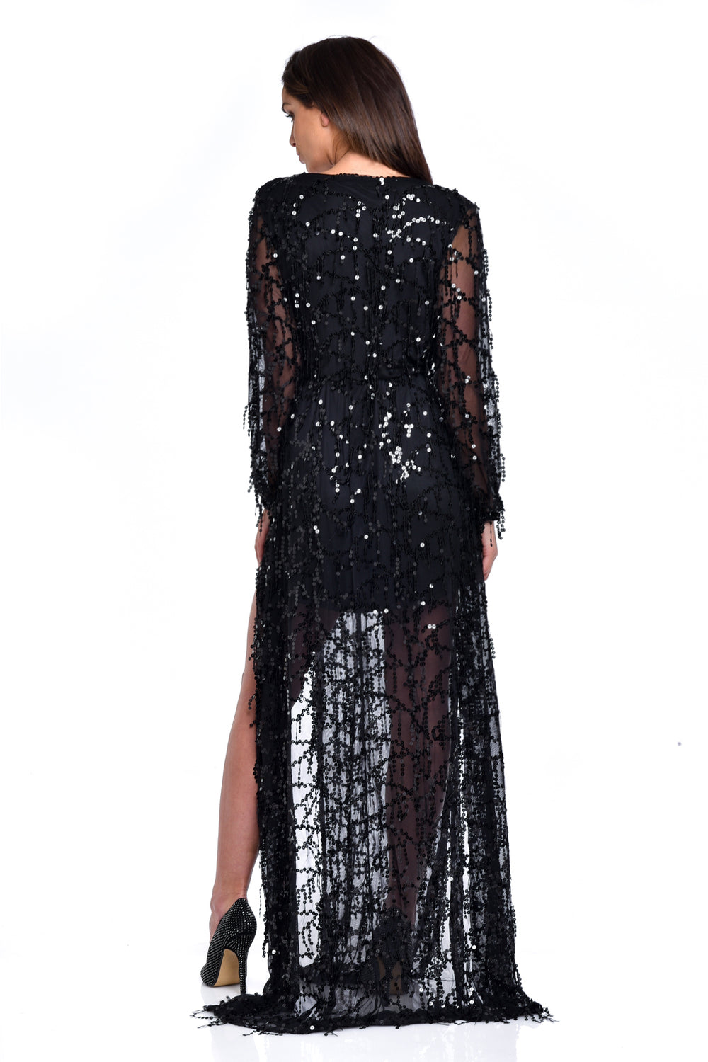 Victoria Black Plunge Long Sleeve Fringe Sequin Slit Dress