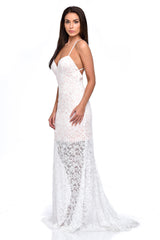 Claudia White Sheer Lace Applique Fishtail Maxi Dress