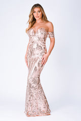 nazz collection sweetheart plunge sequin embellished bardot off the shoulder maxi fishtail mermaid dress rose gold