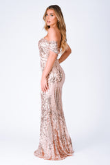 nazz collection sweetheart plunge sequin embellished bardot off the shoulder maxi fishtail mermaid dress rose gold