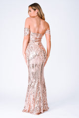 nazz collection sweetheart plunge sequin embellished bardot off the shoulder maxi fishtail mermaid dress rose gold