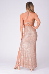 Big Dreams Rose Gold Tie Back Sequin Plunge Slit Maxi Dress