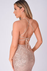 Big Dreams Rose Gold Tie Back Sequin Plunge Slit Maxi Dress