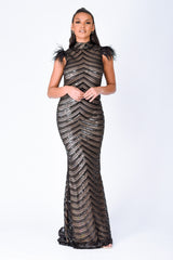 Power Vip Black Luxe Feather Shoulder Sequin Illusion Maxi Dress