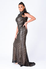 Power Vip Black Luxe Feather Shoulder Sequin Illusion Maxi Dress