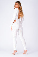 Toxic White Luxe Plunge Illusion Sequin Mesh Embellished Jumpsuit