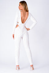 Toxic White Luxe Plunge Illusion Sequin Mesh Embellished Jumpsuit