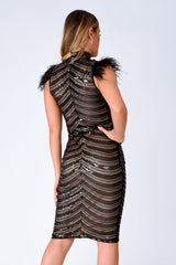 Destiny Vip Black Luxe Feather Sequin Illusion Midi Pencil Dress