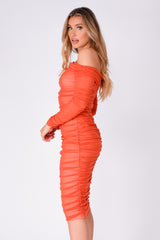 Felicity Orange Bardot Off The Shoulder Mesh Net Midi Bodycon Dress