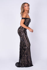 Layali Black Nude Bardot Sweetheart Sequin Embellished Maxi Fishtail Dress