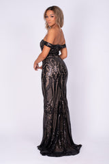 Layali Black Nude Bardot Sweetheart Sequin Embellished Maxi Fishtail Dress