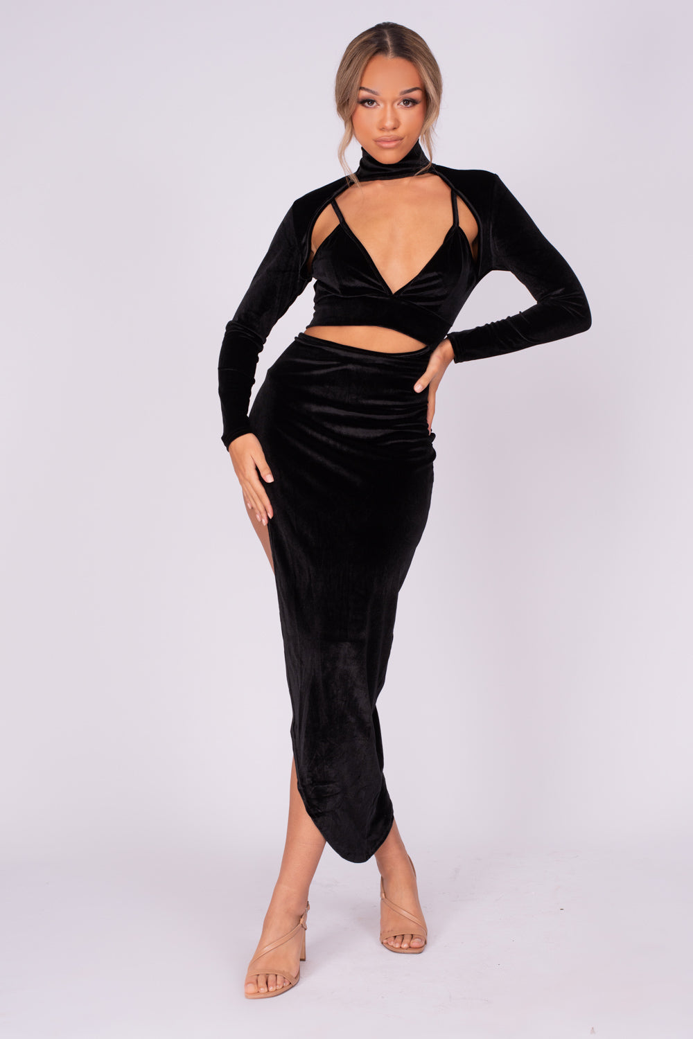 Alter Ego Black Velvet Asymmetric Cut Out Bralette Long Sleeve Dress