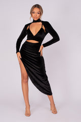 Alter Ego Black Velvet Asymmetric Cut Out Bralette Long Sleeve Dress