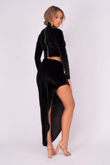 Alter Ego Black Velvet Asymmetric Cut Out Bralette Long Sleeve Dress