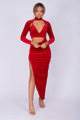 Alter Ego Red Velvet Asymmetric Cut Out Bralette Long Sleeve Dress