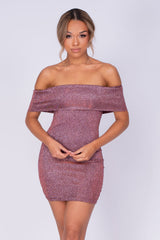 Chelsea Plum Metallic Sparkle Glitter Bardot Cuff Bodycon Dress