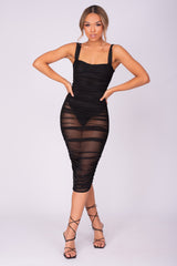 Barely There Black Sheer Mesh Net Bodysuit Midi Dress