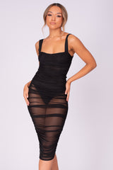 Barely There Black Sheer Mesh Net Bodysuit Midi Dress