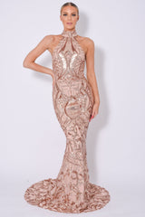 Envy Rose Gold Vip Luxe Illusion Sequin Embellished Fishtail Dress