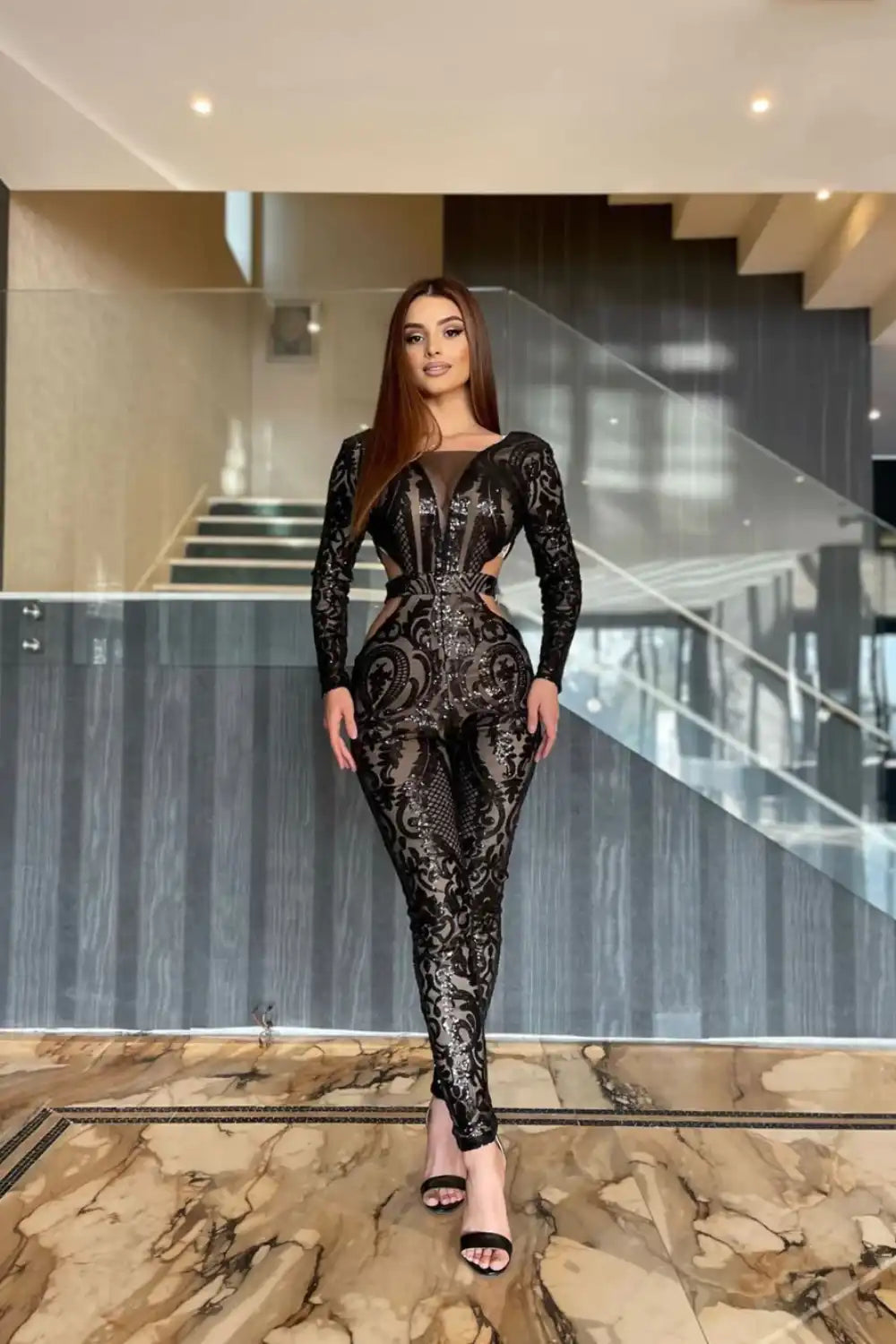 Toxic Black Luxe Plunge Illusion Sequin Mesh Embellished Jumpsuit