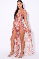 Game Changer Red Nude Sheer Floral Sequin Palazzo Split Jumpsuit