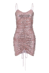 Golden Nights Rose Gold Strappy Ruched Plunge Sequin Dress