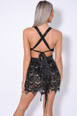 Holly Glam Black Ombre Sequin Tassel Fringe Sheer Dress