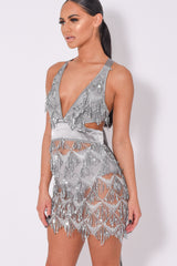 Holly Glam Silver Grey Ombre Sequin Tassel Fringe Sheer Dress