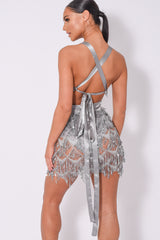 Holly Glam Silver Grey Ombre Sequin Tassel Fringe Sheer Dress