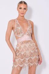 Holly Glam Rose Gold Ombre Sequin Tassel Fringe Sheer Dress