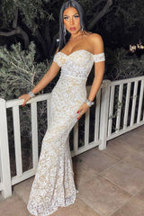 Daydreamer White Floral Lace Sequin Embellished Off The Shoulder Bardot Cuff Maxi Dress