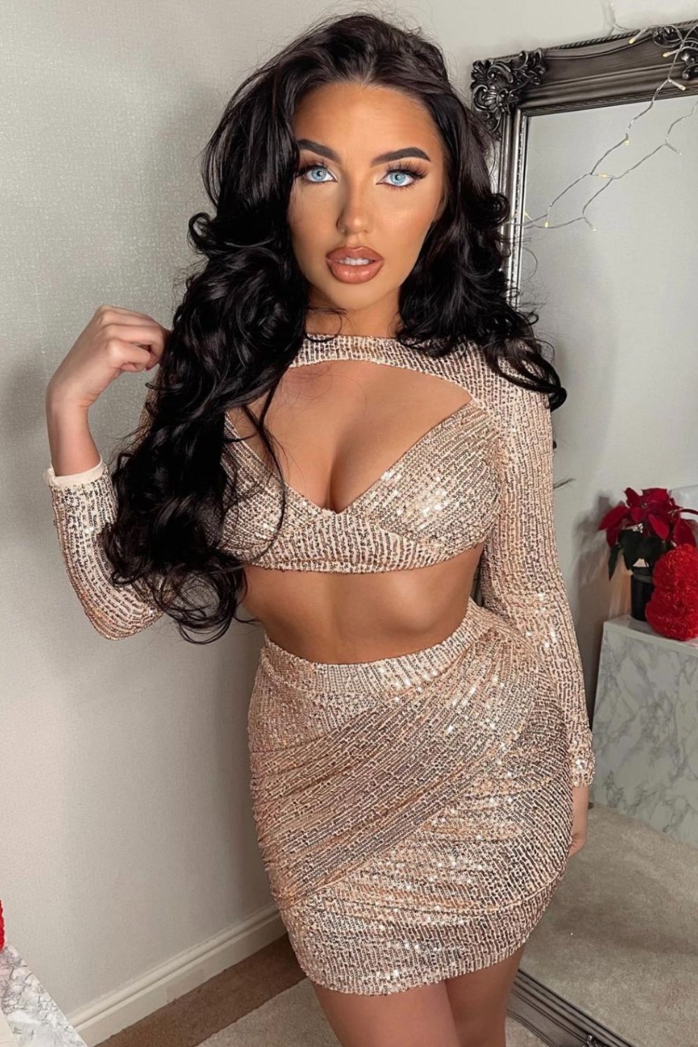 Flaunt It Rose Gold Sequin Ruched Wrap Two Piece Co-ord Set