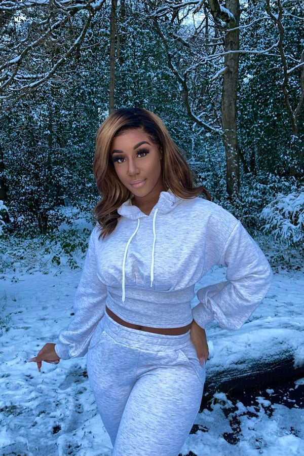 Ari Light Grey Ribbed Waist Hoodie Tracksuit Set