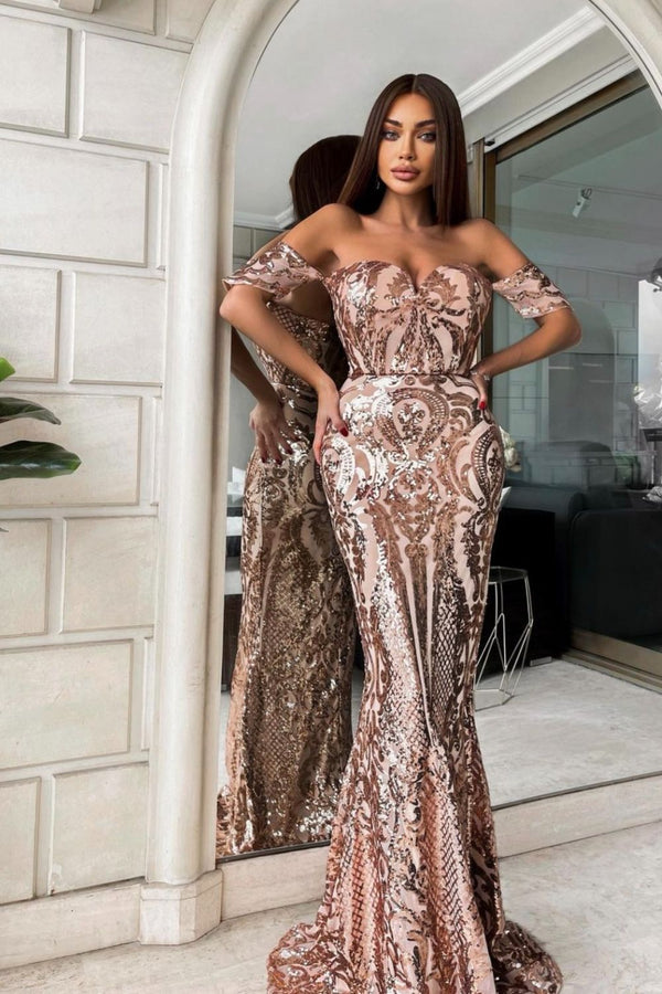 Lovestruck Rose Gold Luxe Sweetheart Off Shoulder Sequin Fishtail Dress