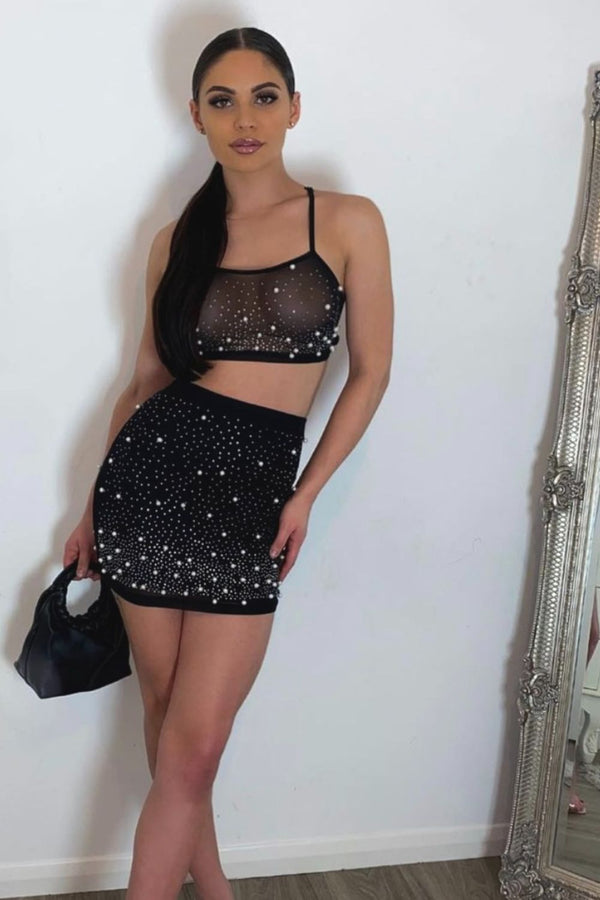 Caution Vip Black Rhinestone & Pearls Two Piece Skirt Top Co Ord Set