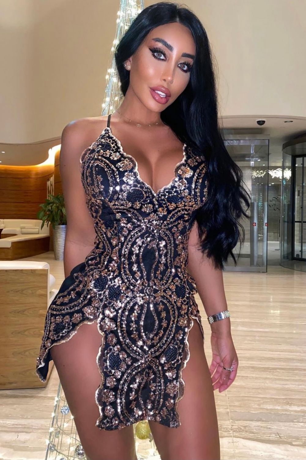 No Limit Black Rose Gold Plunge Floral Sequin Double Thigh Slit Mini Dress