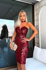 Aphrodite Berry Luxe Sweetheart Plunge Sequin Embellished Midi Dress