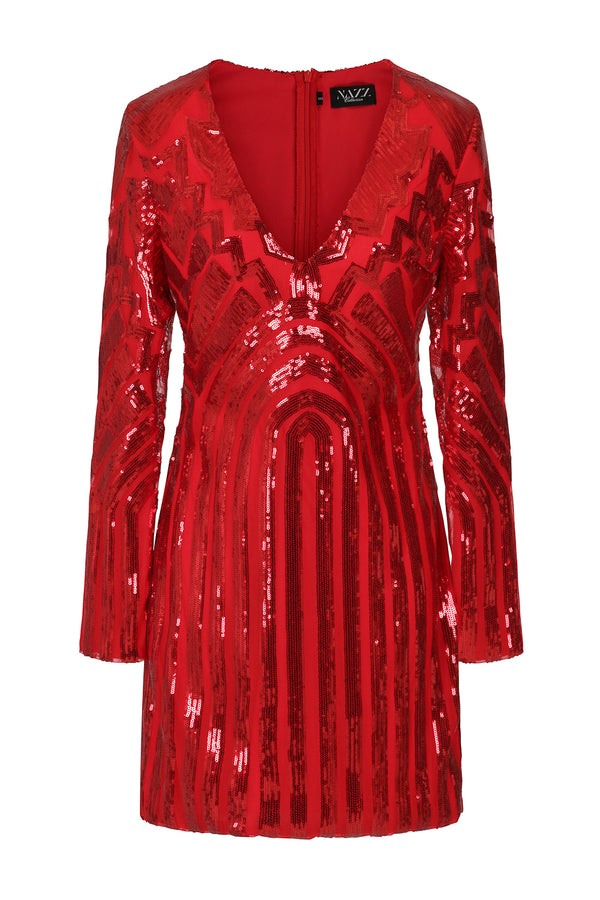 nazz collection red ashanti geometric long sleeve bodycon dress mini